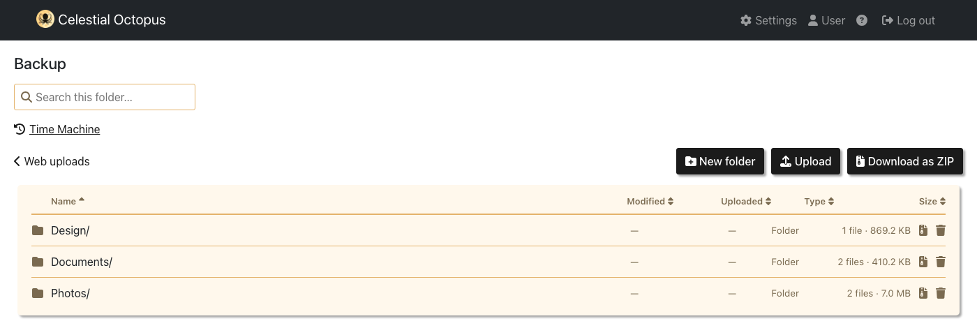 The Celestial Octopus web app, showing a folder listing with sortable columns and a Download as ZIP button
